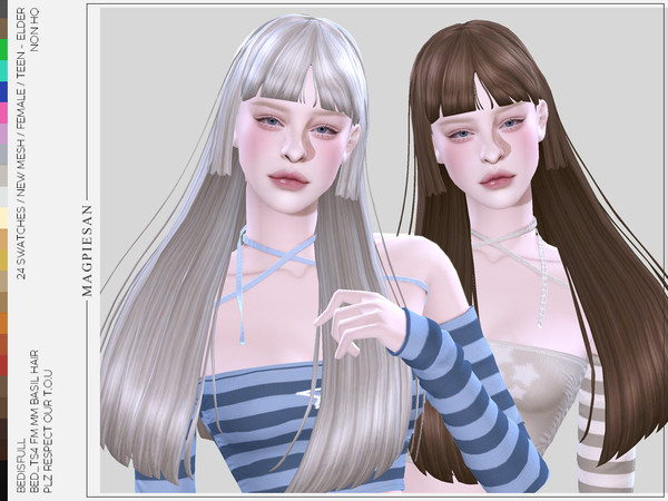 Sims 4 — Basil hair by magpiesan — Straight hair in 24 colors for female