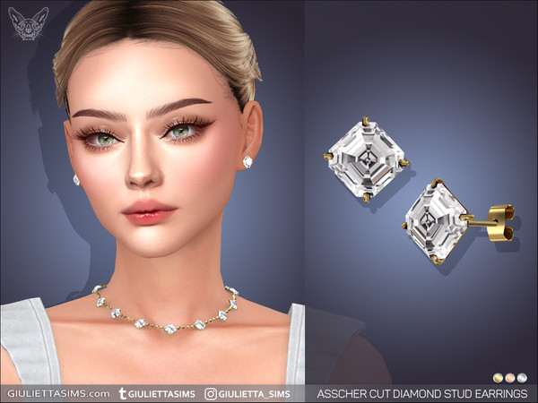 Sims 4 — Asscher Cut Diamond Stud Earrings by feyona — Asscher Cut Diamond Stud Earrings come in 3 colors of metal:
