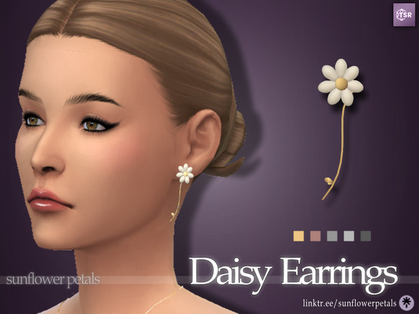 Sims 4 — Daisy Earrings by SunflowerPetalsCC — A pair of daisy shaped earrings with a long metal stem in the back. Comes
