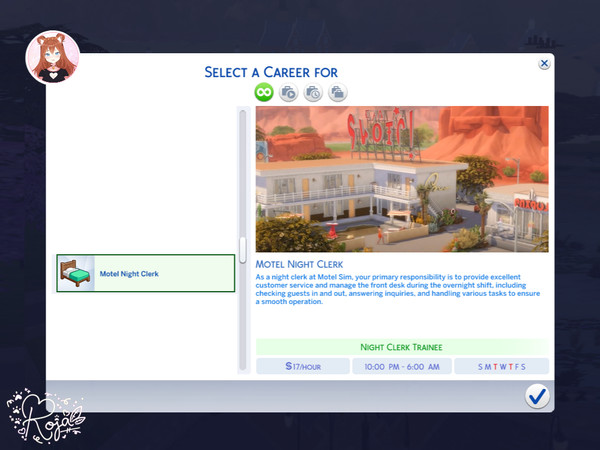 Sims 4 — Motel Night Clerk - Full Time [Career] by RojaCat — Hello