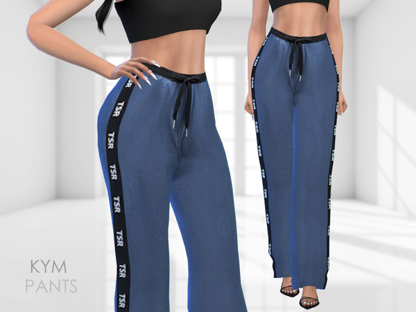 Sims 4 — Kym Pants by Puresim — Blue pants with TSR printing.
