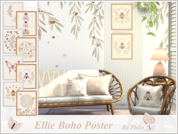 Sims 4 — Philo_Ellie Boho Poster by philo — Soft tone furnitures for boho chic an serene interiors. This set includes: -