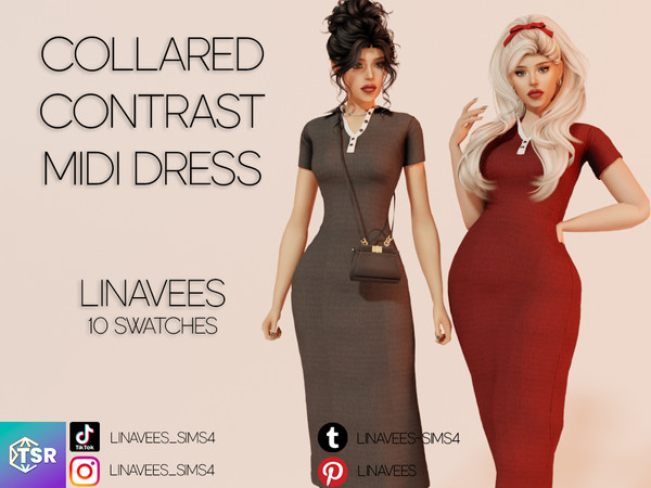 Sims 4 — MYA - COLLARED CONTRAST MIDI DRESS by linavees — New Mesh