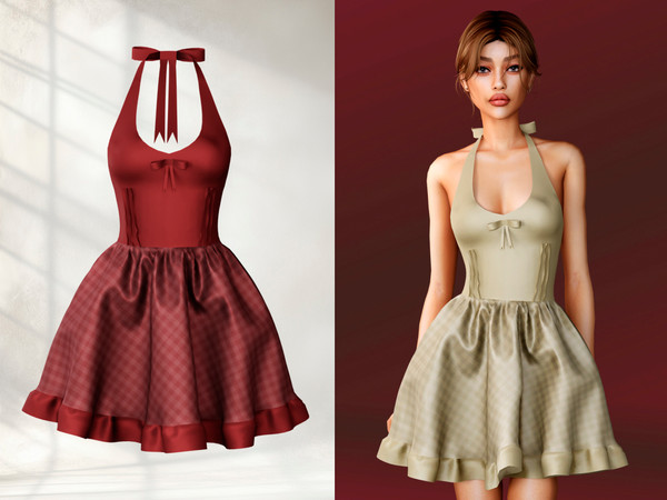 Sims 4 — Dress with a flared plaid skirt and a bow by Pusha_Pusha — A retro-style halter dress featuring a fitted bodice