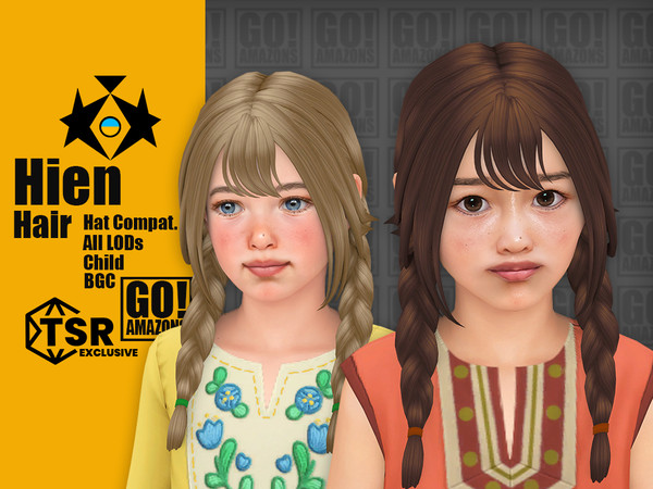 Sims 4 — Hien Hair by GoAmazons — Double braids with bangs for children.