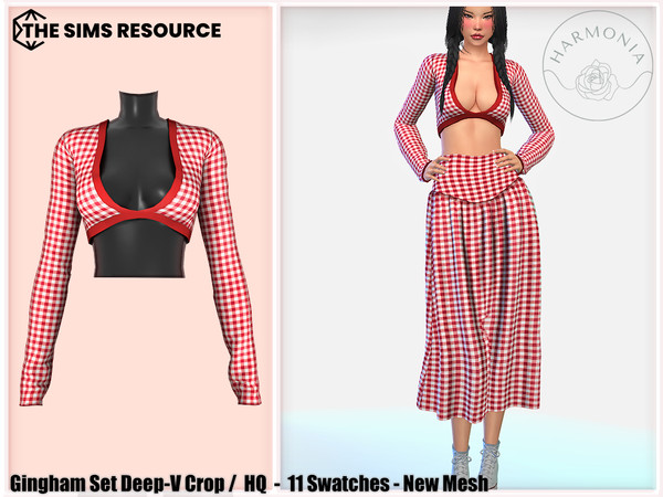 Sims 4 — Gingham Set Deep-V Crop by Harmonia — New Mesh