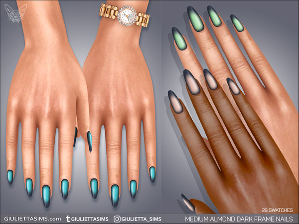Sims 4 — Medium Almond Dark Frame Nails by feyona — Medium Almond Dark Frame Nails come with 26 swatches.