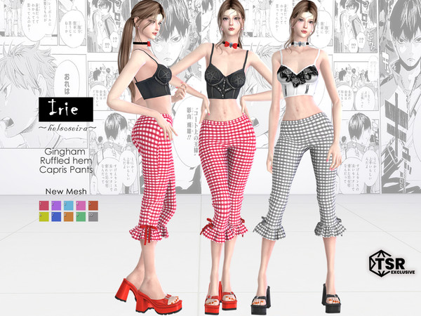 Sims 4 — IRIE - Capris Pants by Helsoseira — Style - Gingham ruffled hem with bows capris pants