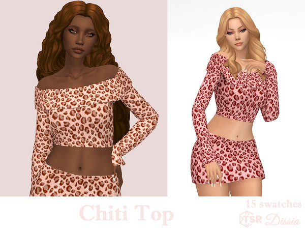Sims 4 — Chiti Top by Dissia — Bare shoulders long sleeves short cheetah pattern top