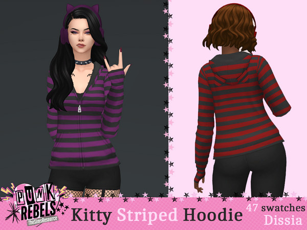 Sims 4 — Kitty Striped Hoodie by Dissia — Long sleeves long striped hoodie with cat ears