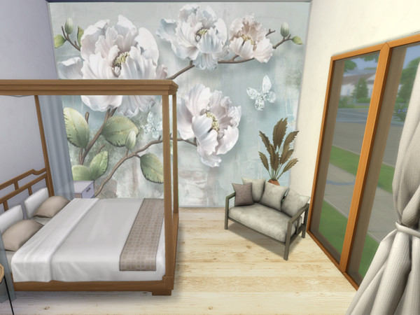 Sims 4 — Peony Mural Wall by RedLampShade — This mural has a 3d sprig of open white flowers on it, base game friendly 3