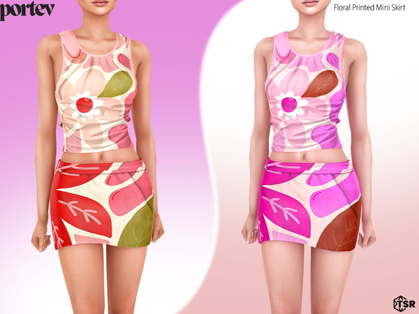 Sims 4 — Floral Printed Mini Skirt by portev — new Mesh 7 colors