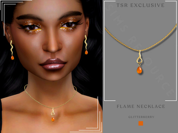 Sims 4 — Flame Necklace by Glitterberryfly — A gold and orange gemstone flame inspired necklace