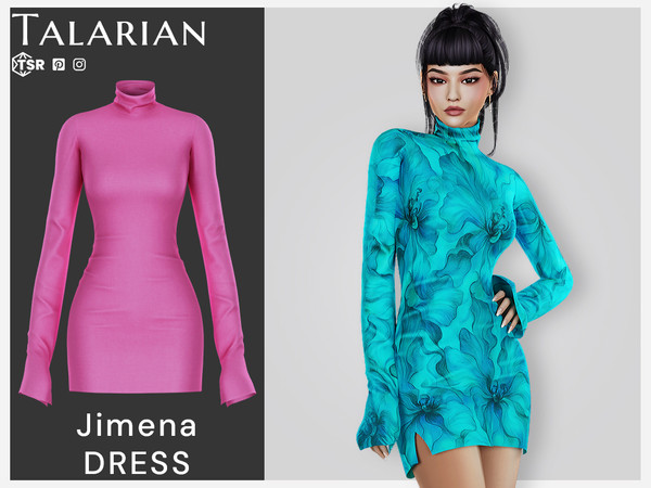 Sims 4 — Jimena Dress by talarian — Bodycon mini dress with high neckline, long flared sleeves, and bold floral print
