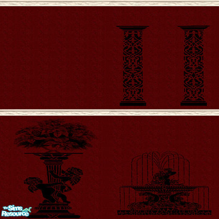 Sims 2 — roman set by skinflin — deep red wall cream mouldings with prints