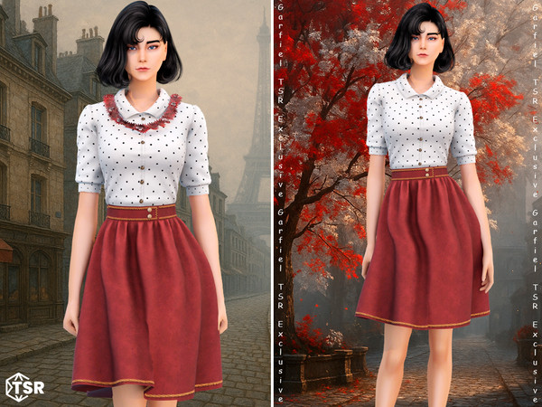 Sims 4 — Sophie - Vintage blouse and skirt set by Garfiel — A timeless vintage outfit featuring a polka dot blouse and an