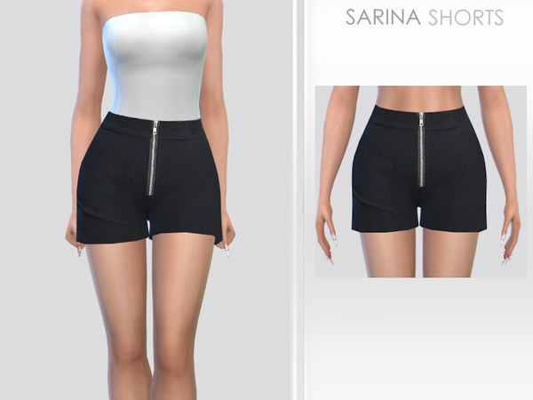 Sims 4 — Sarina Shorts by Puresim — Black shorts with silver zipper.