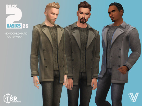 Sims 4 — B2B Mono Outerwear 1 by SimmieV — A set of 8 monochromatic outfits with subtle color variations.
