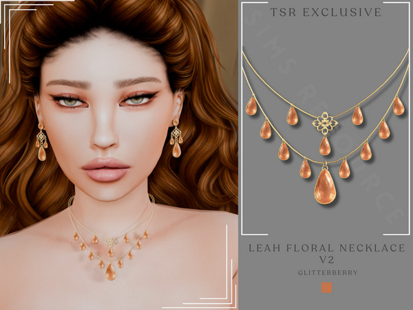 Sims 4 — Leah Floral Necklace v2 by Glitterberryfly — A layered peach gemstone necklace with floral motif