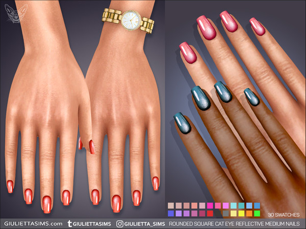 Sims 4 — Rounded Square Cat Eye Reflection Medium Nails by feyona — Rounded Square Cat Eye Reflection Medium Nails come