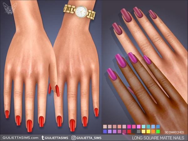 Sims 4 — Long Square Matte Nails by feyona — Long Square Matte Nails come with 30 swatches. These nails won't conflict