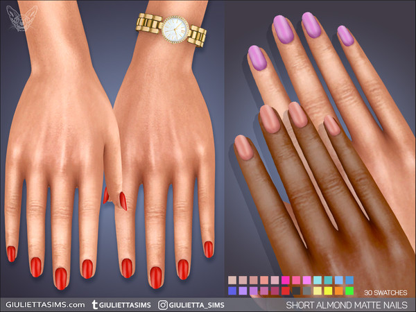 Sims 4 — Short Almond Matte Nails by feyona — Short Almond Matte Nails come with 30 swatches. These nails won't conflict