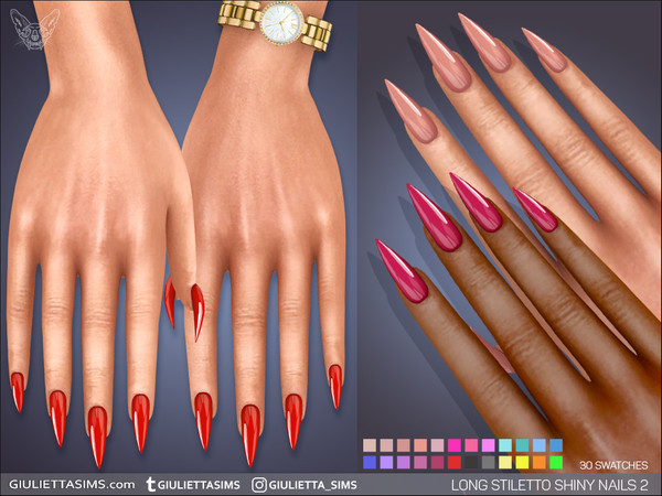 Sims 4 — Long Stiletto Shiny Nails 2 by feyona — Long Stiletto Shiny Nails 2 come with 30 swatches. These nails won't