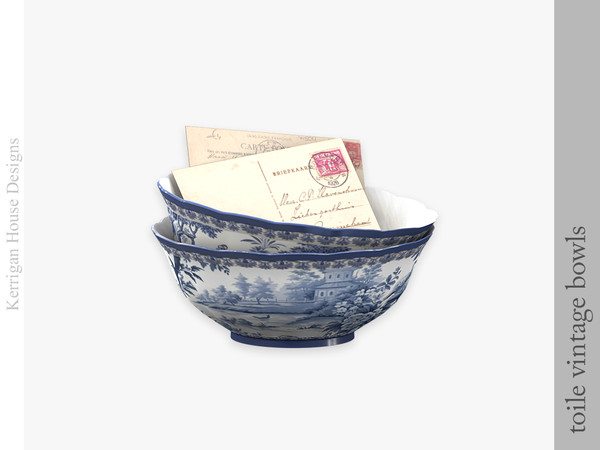 Sims 4 — Toile Vintage Bowls by kerriganhouse — A set of vintage, Toile de Jouy decor pieces.