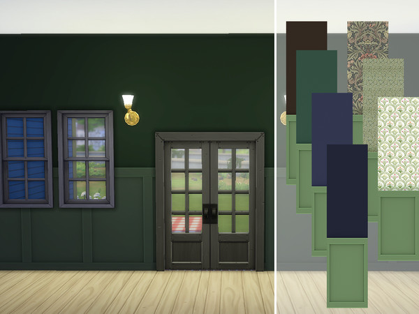 Sims 4 — Paneled Wallpaper by Glycyrrhiza — A set of wallpapers with panels in shades of green. Comes in 8 swatches.
