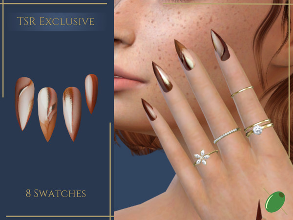 Sims 4 — Warm Cocoa Nails by Pitted0live — Stiletto nails with a unique design in warm neutral swatches Custom catalog