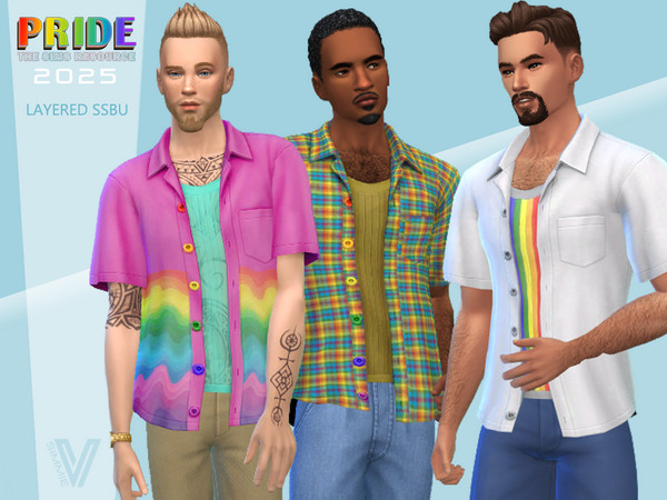 Sims 4 — P25 Layered Short Sleeve Shirt by SimmieV — Kick off the 2025 Pride season with this assortment of 8 layered