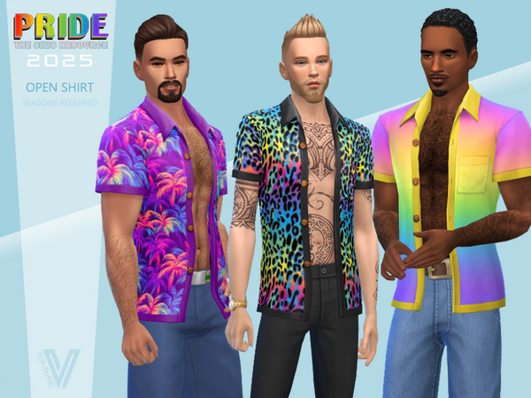 Sims 4 — P25 Open Button Up Shirt by SimmieV — Celebrate Pride in any season with these 8 rainbow inspired patterned