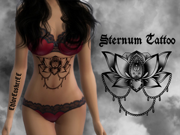 Sims 4 — Sternum Tattoo by ChloeCasketCC — A sternum tattoo featuring flowers, gems, beads and pendalogues Base Game