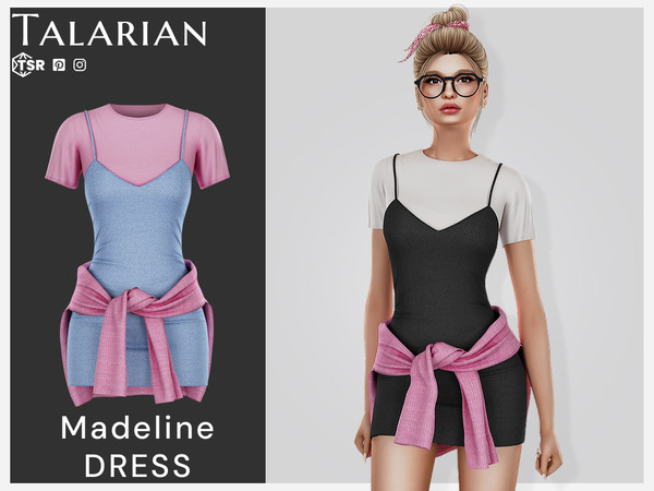 Sims 4 — Madeline Dress by talarian — Layered casual outfit with dress, undershirt, and tied sweater accent Available in