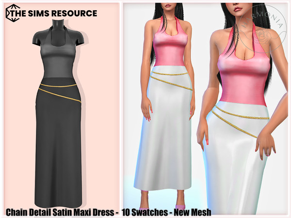Sims 4 — Chain Detail Satin Maxi Dress by Harmonia — New Mesh