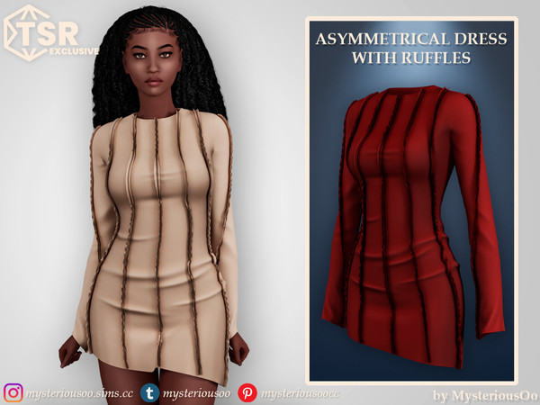 Sims 4 — Asymmetrical dress with ruffles by MysteriousOo — Asymmetrical dress with ruffles in 8 colors