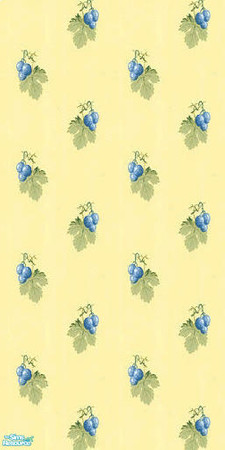 Sims 2 — NK Blue Grapes - Grapes on Yellow by MoMama — Blue sprigs of grapes atop a pale yellow wallpaper.