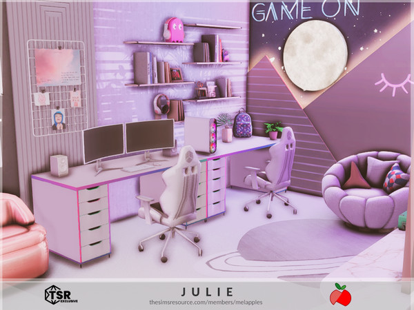 Sims 4 — Julie - office by melapples — an office and gaming room with soft purple lighting. enjoy! 4x6