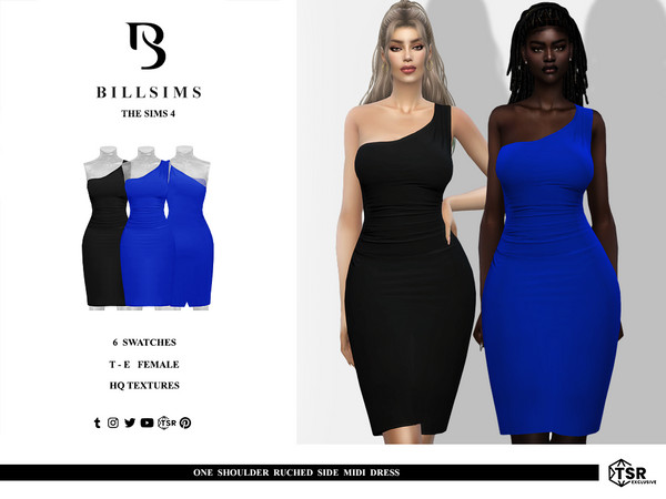 Sims 4 — One Shoulder Ruched Side Midi Dress by Bill_Sims — This dress features a one shoulder design, subtle side