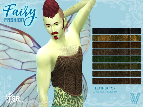 Sims 4 — Fairy Leather Top by SimmieV — A leather corset with an embossed leaf pattern. Available in 8 natural colors.