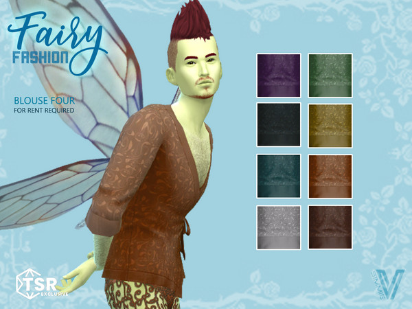 Sims 4 — Fairy Blouse 4 by SimmieV — A low cut wraparound blouse with a filigree leaf pattern in 8 colors.