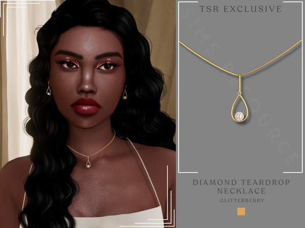 Sims 4 — Diamond Teardrop Necklace by Glitterberryfly — A gold necklace with teardrop pendant and diamond stone