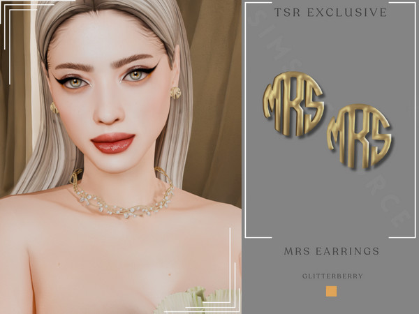 Sims 4 — Mrs Gold Studs by Glitterberryfly — Just married? Celebrate with these gold MRS earrings