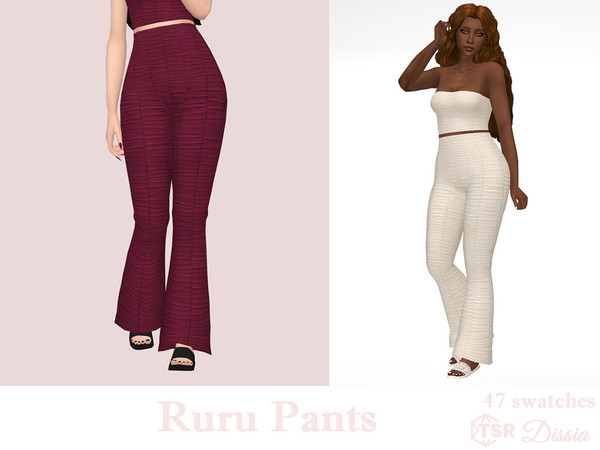 Sims 4 — Ruru Pants by Dissia — High waist ruched flare bell pants