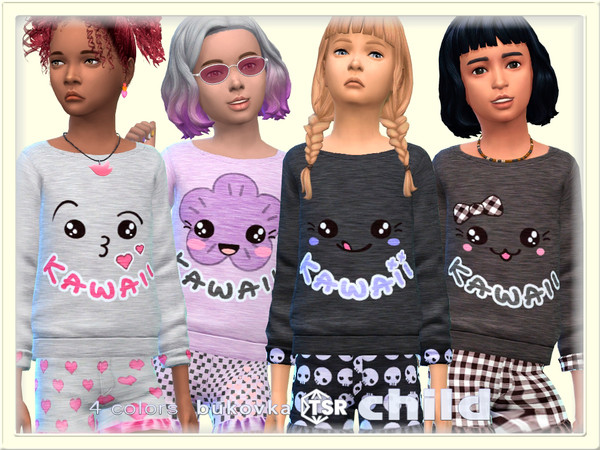 Sims 4 — Shirt Kawaii Face by bukovka — Cute sweater for kids, girls only, in 4 color options. All cards have been