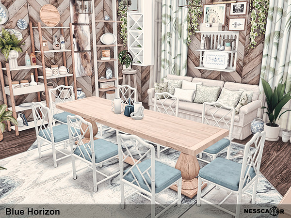 Sims 4 — Blue Horizon by Nessca — Blue Horizon is a bright dining room with blue accents where every meal will taste