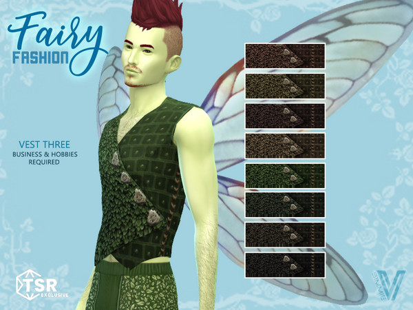 Sims 4 — Fairy Vest 3 by SimmieV — A leather vest with leaf embossed textures in 8 natural colors.