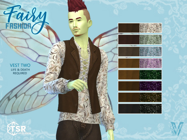 Sims 4 — Fairy Vest 2 by SimmieV — A leaf patterned blouse in 8 colors with a basic leather vest.