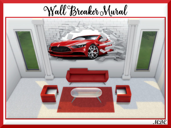 Sims 4 — Wall Breaker Mural by MDE — Oh no, there is a car in the middle of my living room :) Wall Breaker Mural