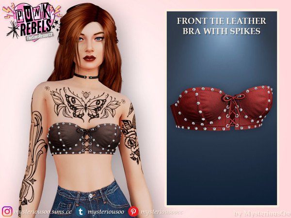 Sims 4 — Front tie leather bra with spikes by MysteriousOo — Front tie leather bra with spikes in 12 colors
